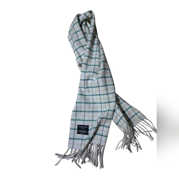 Dior Accessories - Christian Dior Lightweight Designer White Green Yellow Plaid Fringed Scarf 54x11